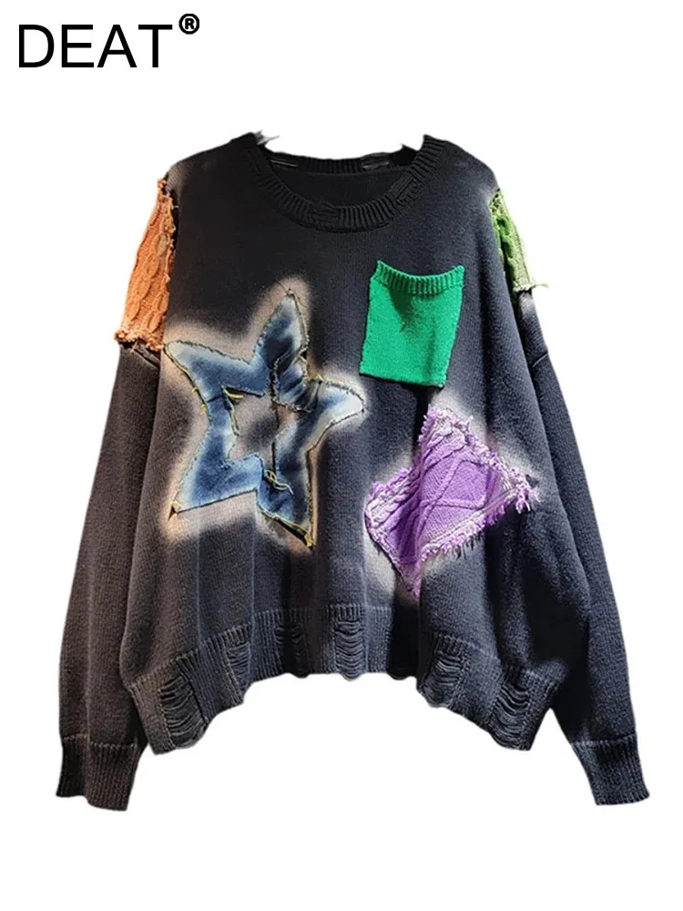 

DEAT Women's Pullover Knitted O-neck Loose Patchwork Pocket Denim Five-pointed Star Sweater 2024 Autumn New Fashion 11A0773