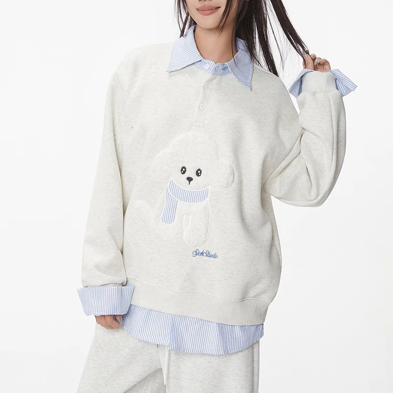 Sudaderas falsas de 2 piezas de manga larga para mujer, jerséis con cuello vuelto y bordado de perro de dibujos animados para mujer, Tops de otoño e invierno 2025