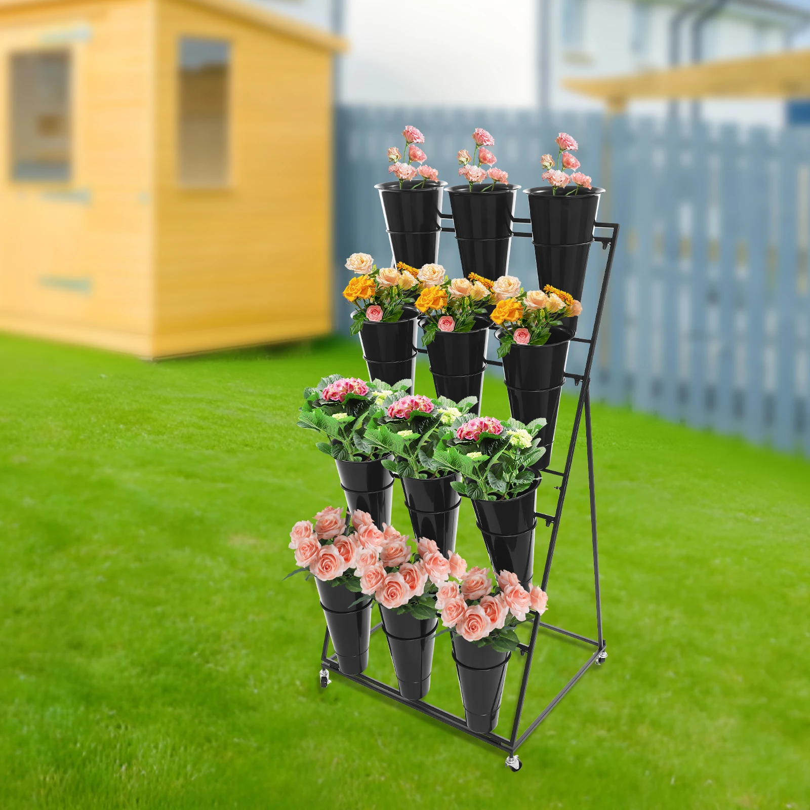 Flower Stand w/12pcs Black Plastic Bucket, Heavy Duty Moving Plant Cart Shelf for Outdoor Patio Garden Weddings image 3