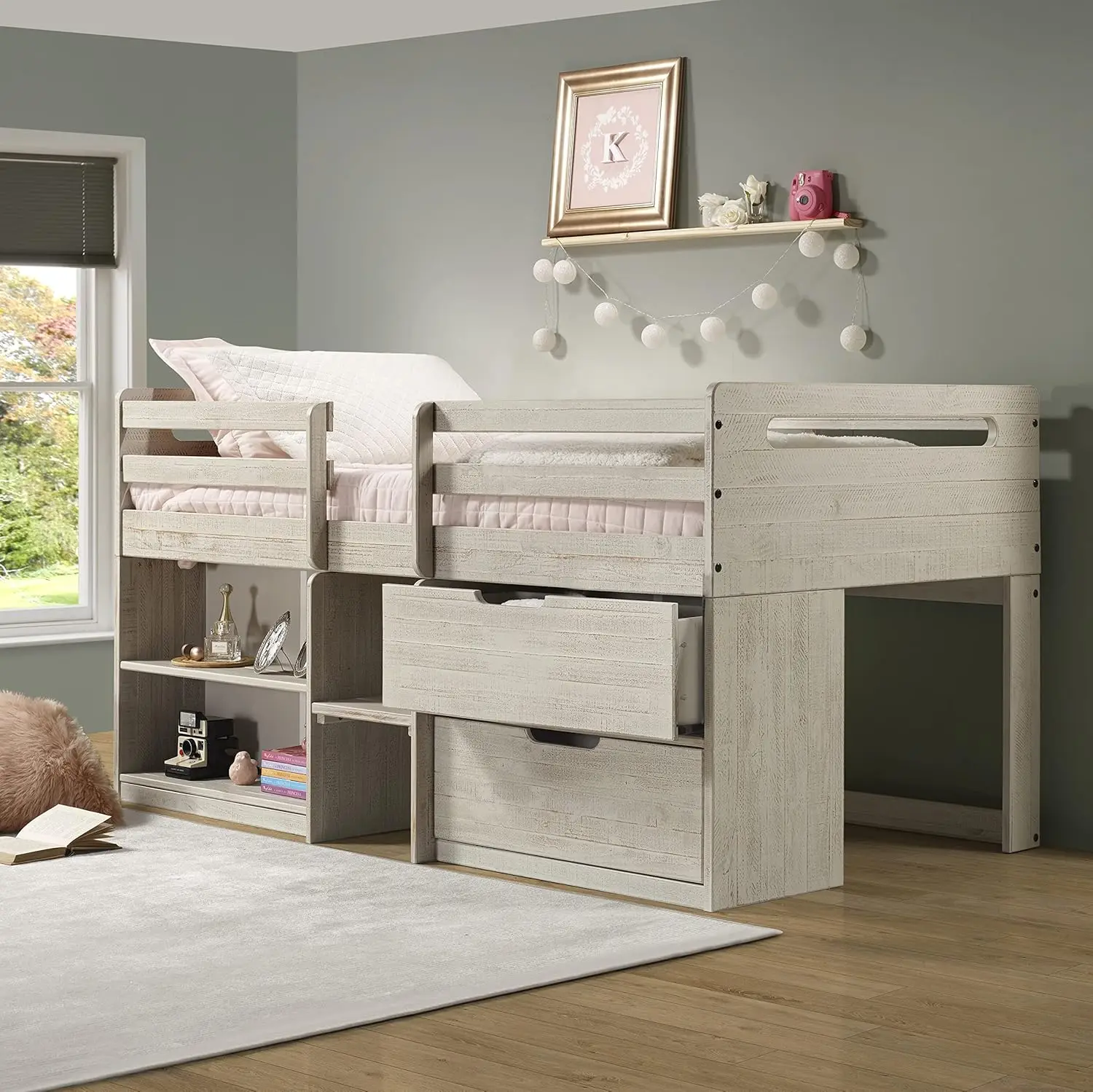 Twin Low Loft Bed With Bookcase And Storage Chest, Twin, Rustic Light Grey