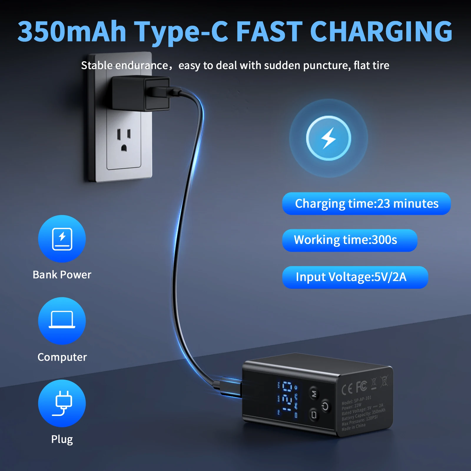 Extractme مضخة دراجة كهربائية صغيرة 120 رطل لكل بوصة مربعة نوع-C قابلة للشحن منفاخ هواء محمول AV FV صمام ملحقات دراجة الطريق الجبلية