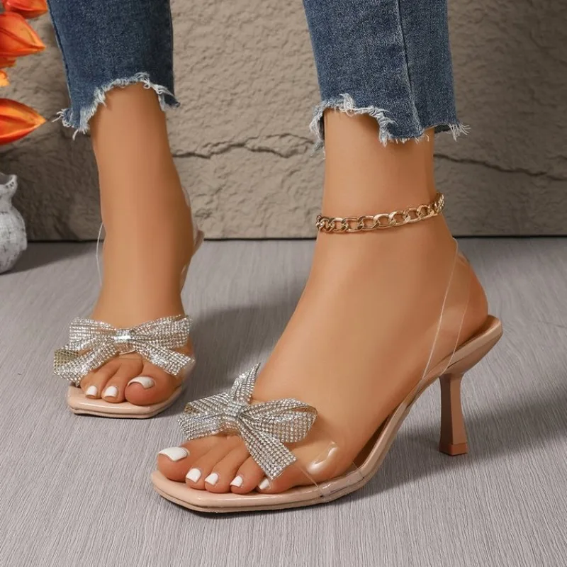 

Women's Sandals ‌2026 Summer New Butterfly-knot Thin Heels Crystal Slip on Sandals Fashion Dress Shallow Square Toe Ladies Shoes