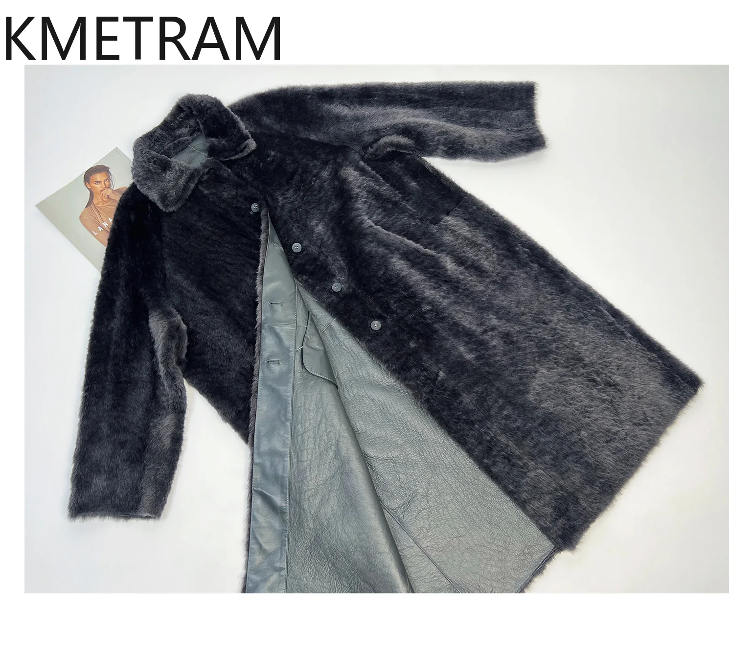 KMETRAM 天然羊毛付きコート ダークグレー ロングリアルファーコート 女性服 冬 新作 アウターウェア шуба