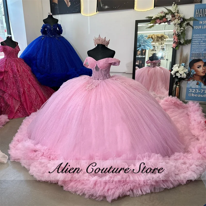 Princess Pink Quinceanera Dress Sweet 16 Ball Gown Ruffle Luxury Tulle Bead Crystal Applique Vestidos De XV Anos Customized 