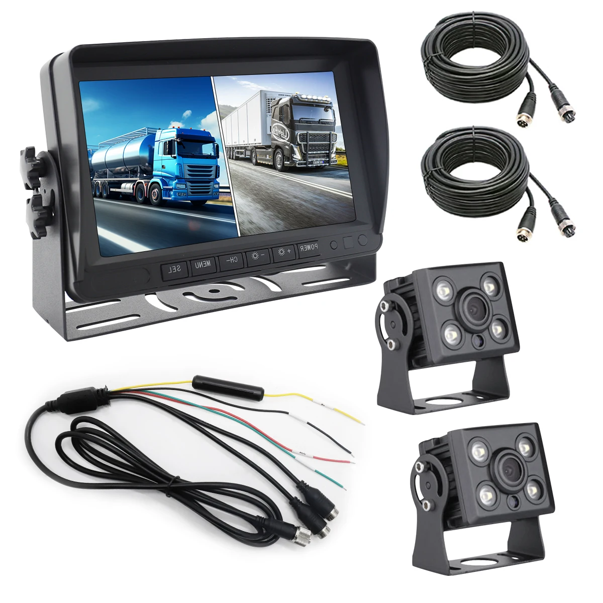 

2-канальная водонепроницаемая автомобильная камера IP68, функция датчика AI SBD с 7-дюймовым цветным экраном, монитор для грузовика, вилочного погрузчика, автофургона