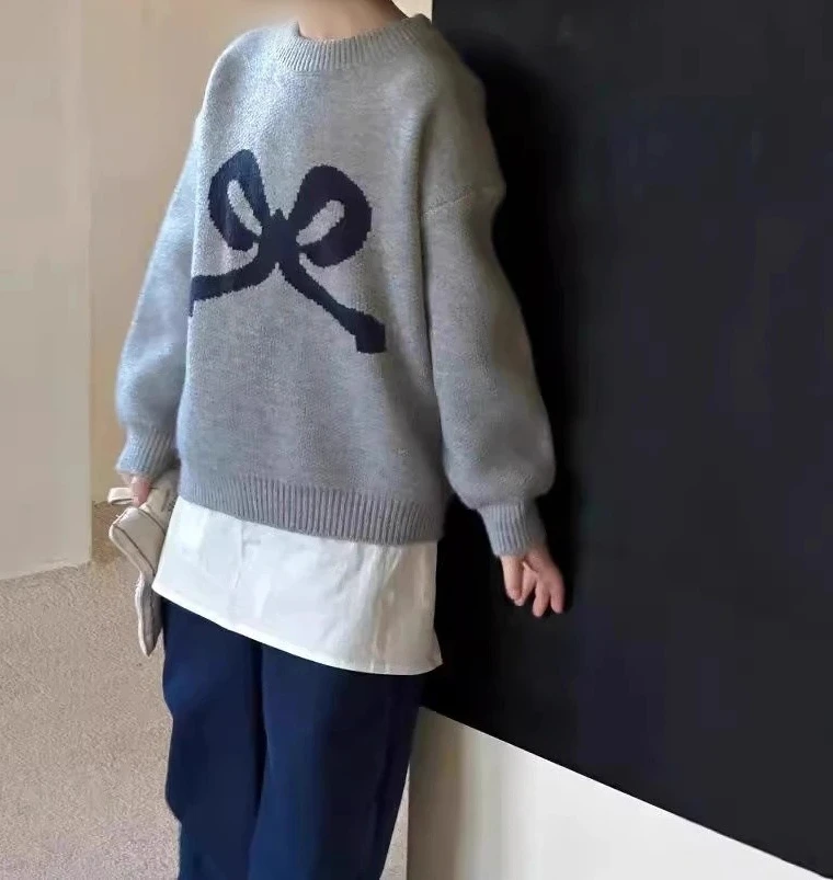 

Girls Sweater Korean Version New Bow Knitted Top Round Neck Casual Soft and Comfortable Versatile Daily Simple