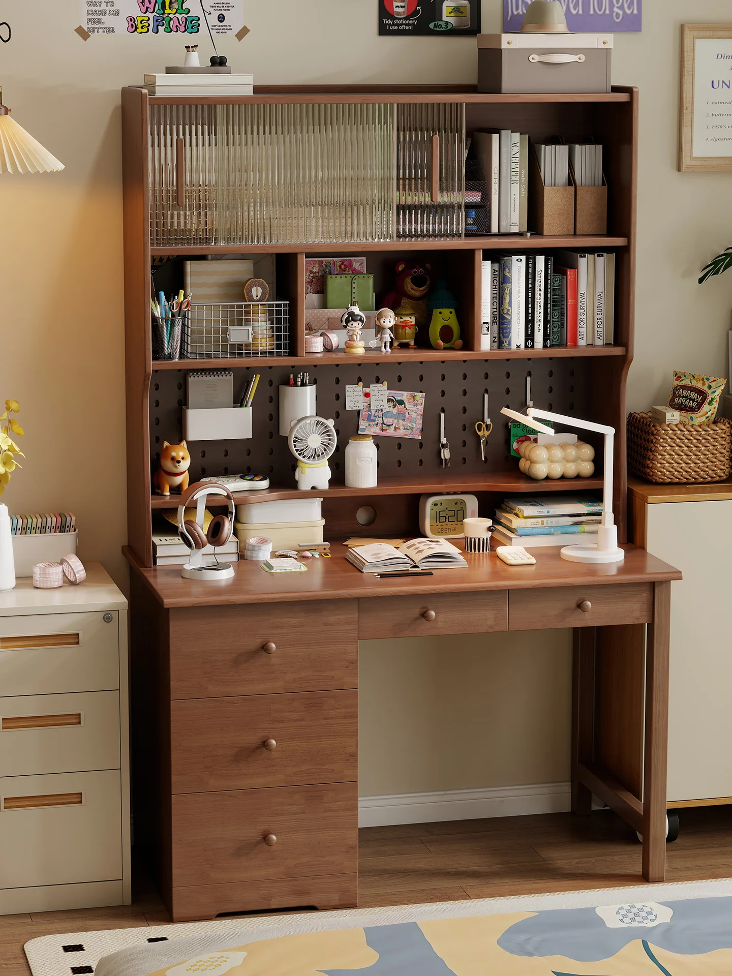 

Solid wood desk bookshelf integrated with hole board junior high school students learning writing table simple
