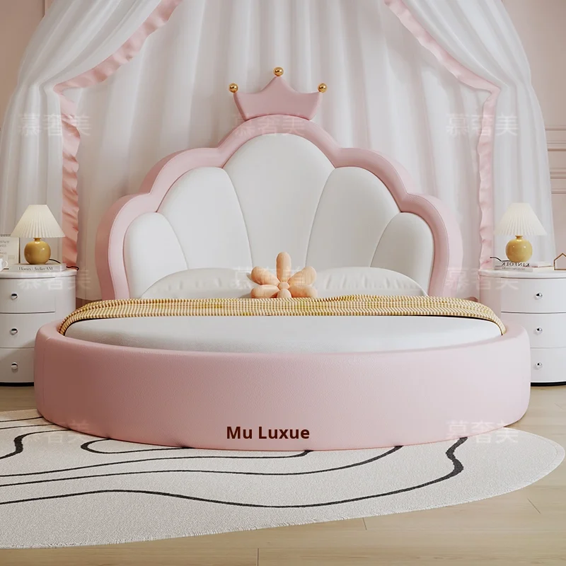 *Modern Simple Girl Princess Bed Children's Round Home Bedroom Crown Pink Genuine Leather Large Bed Soft Style Cartoon Style