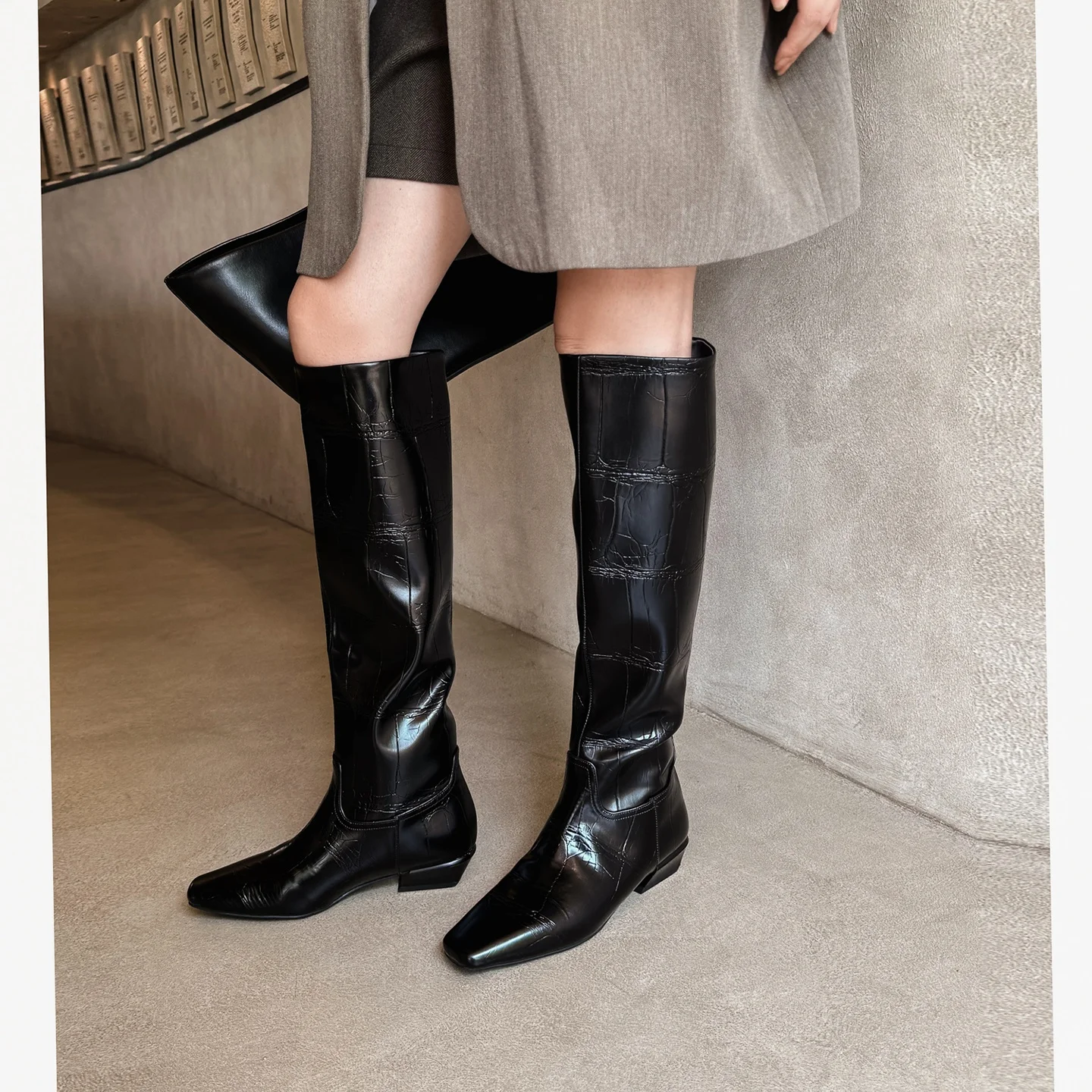 Arden Furtado Embossed cowhide Modern boots Square toe slip-on Middle heel Knee high boots Large size Women's Boots