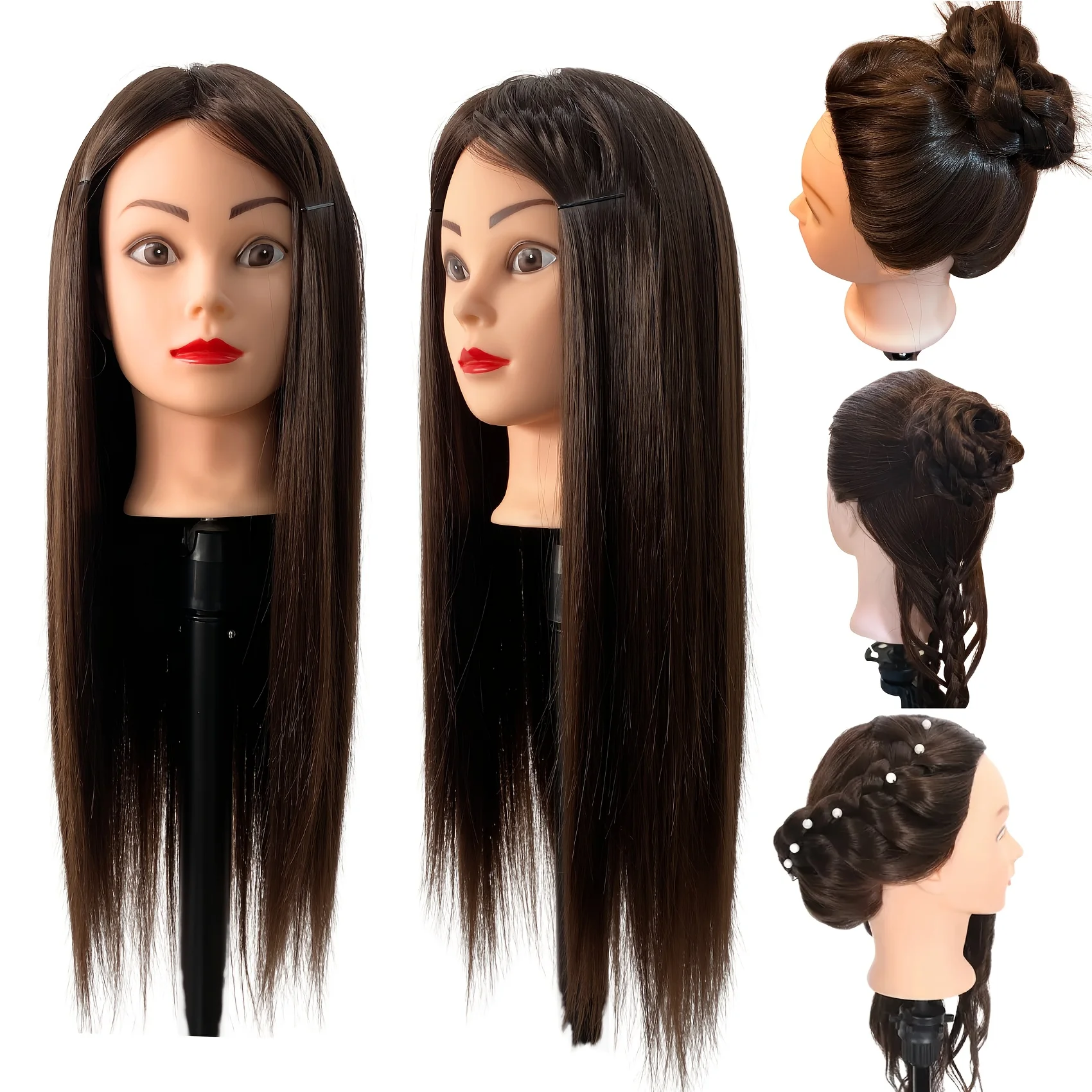 Cabeça de manequim feminina profissional de 26 polegadas com cabelo para trança, estilo e prática de design, demonstração de penteado