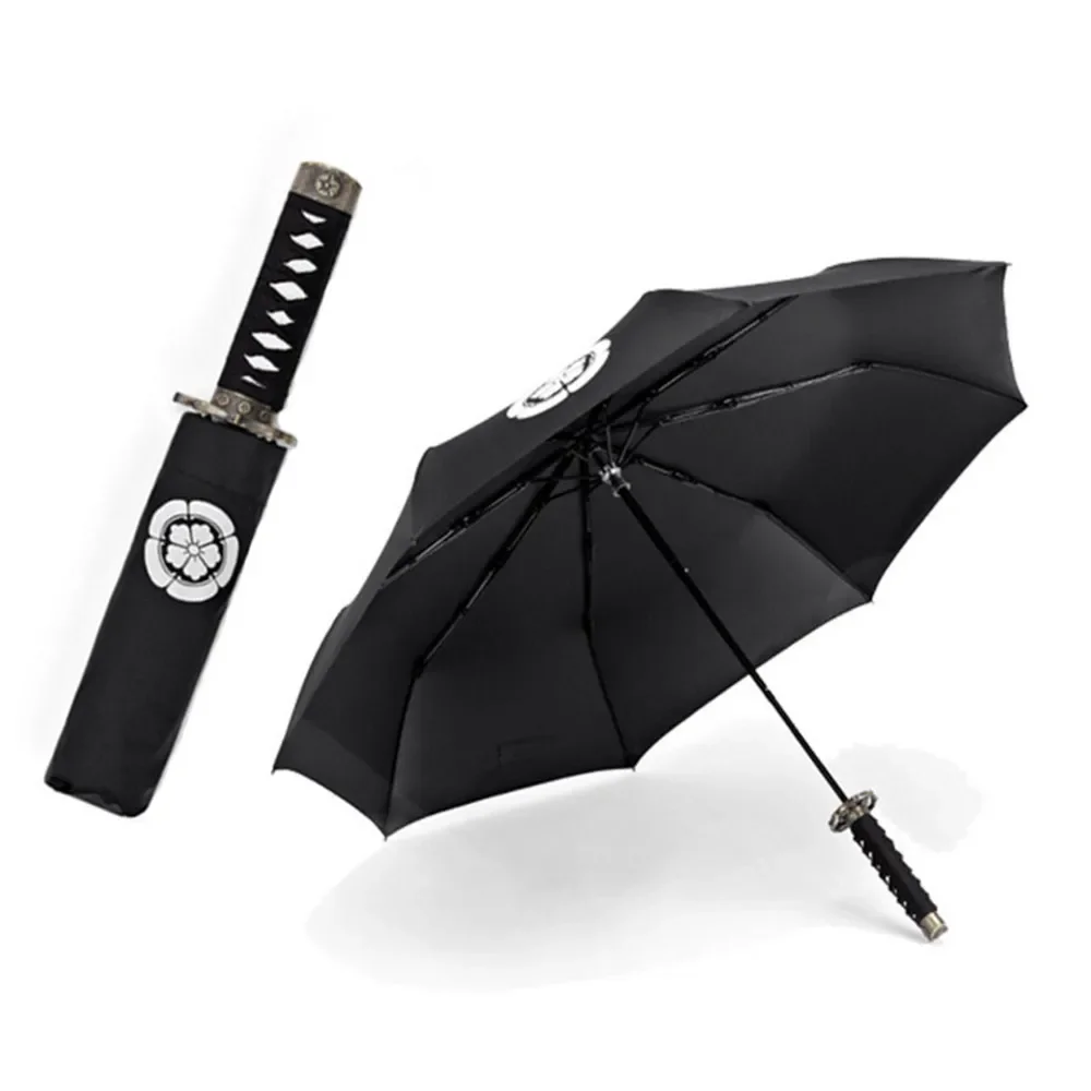 Japanese Black Coating Windproof Ninja-like Samurai Sword Umbrella Three Fold Short Handle Rain Sun Straight Umbrella Ribs