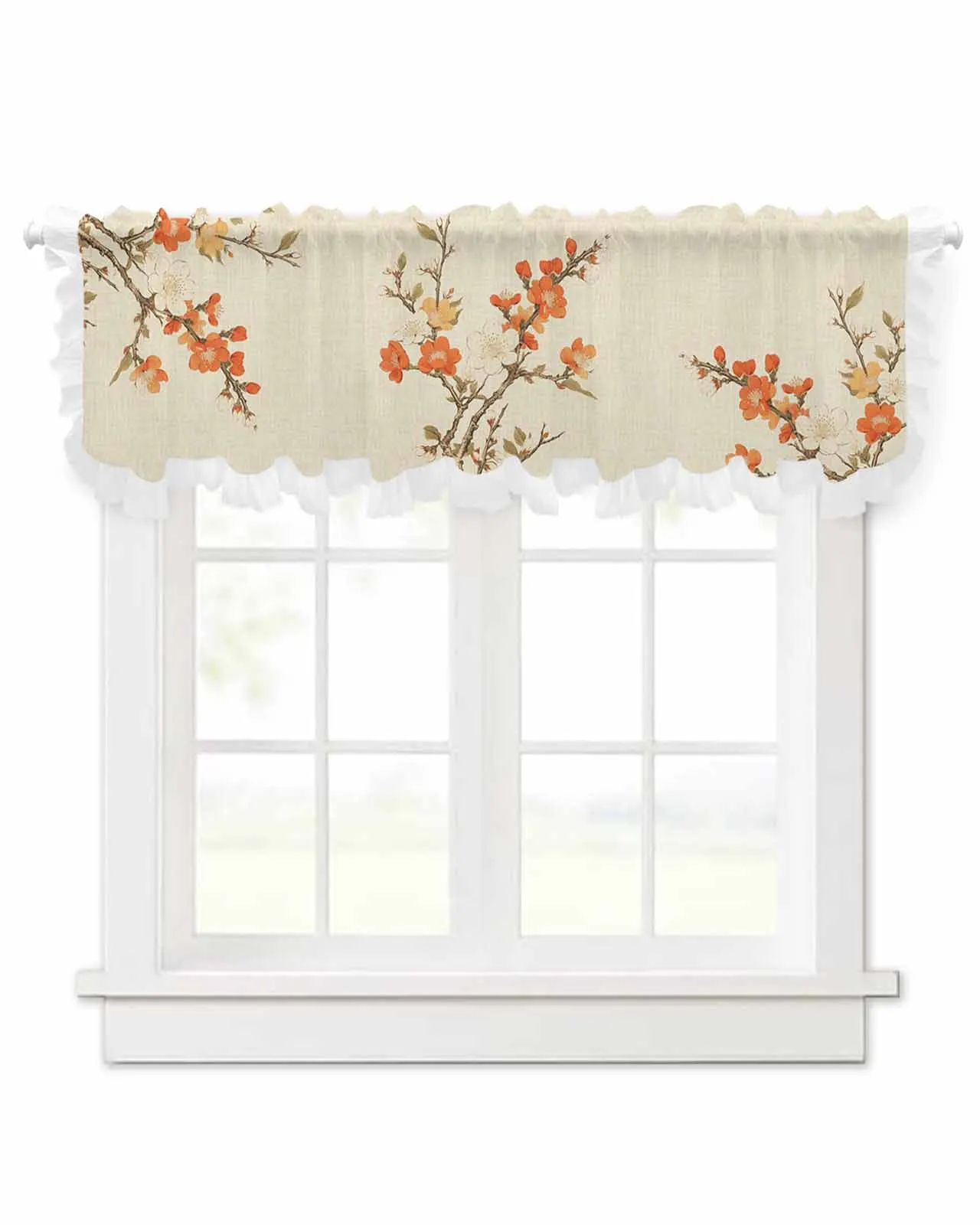 Plum Blossom Leaves Branches Short Tulle Half Curtains for Living Room Kitchen Door Cafe Window Sheer Valance Drapes