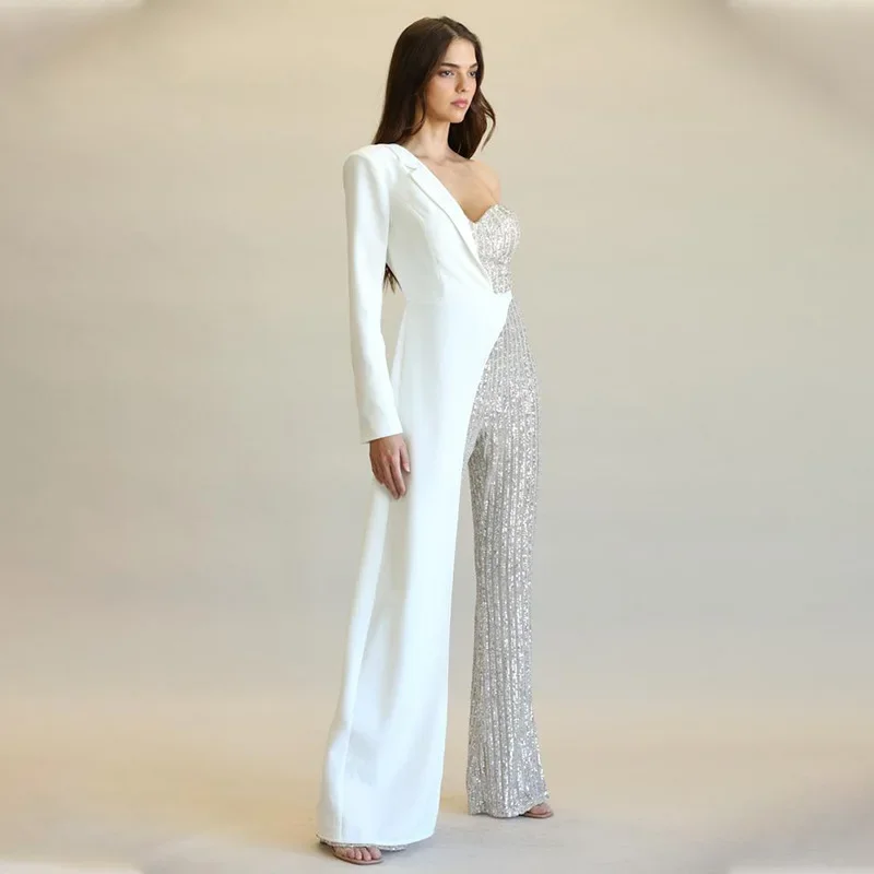

2024 new European and American women's silver splicing sequin one-shoulder fashion sequin jumpsuit
