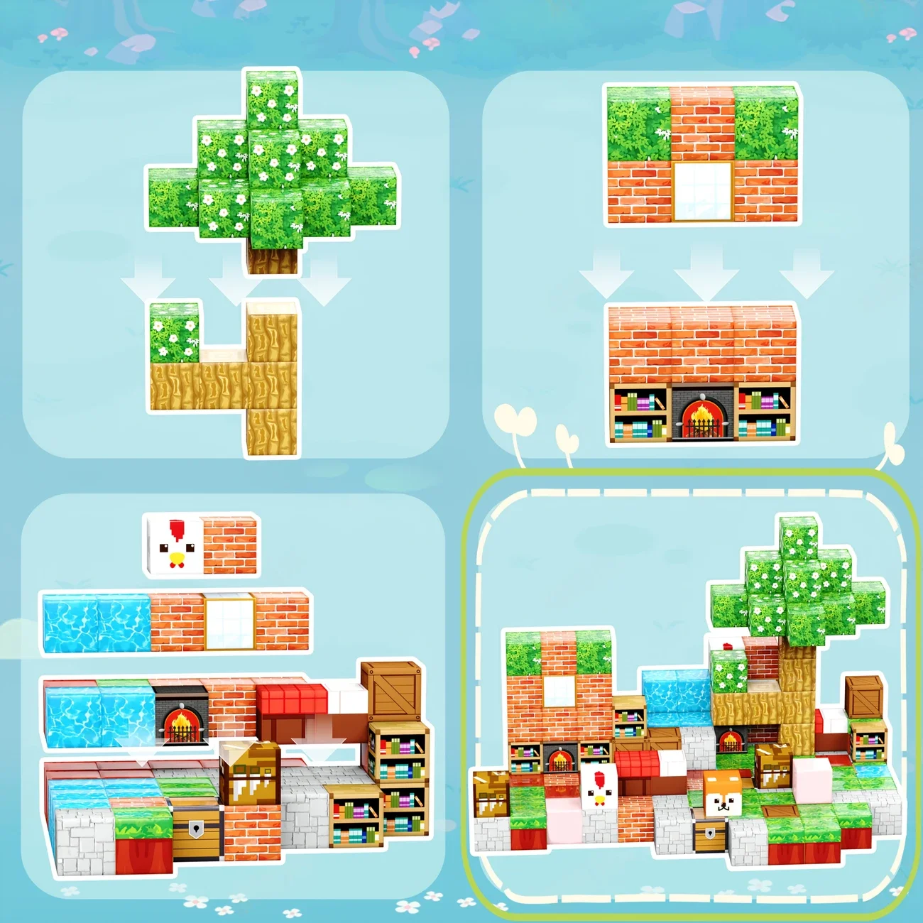 บล็อกอาคารแม่เหล็ก Mine World แม่เหล็ก Cube ชุดสําหรับเด็กผู้หญิงเด็กอายุ 3 + DIY สไตล์พิกเซลชุดฐานแผ่นของเล่น STEM Baseplate