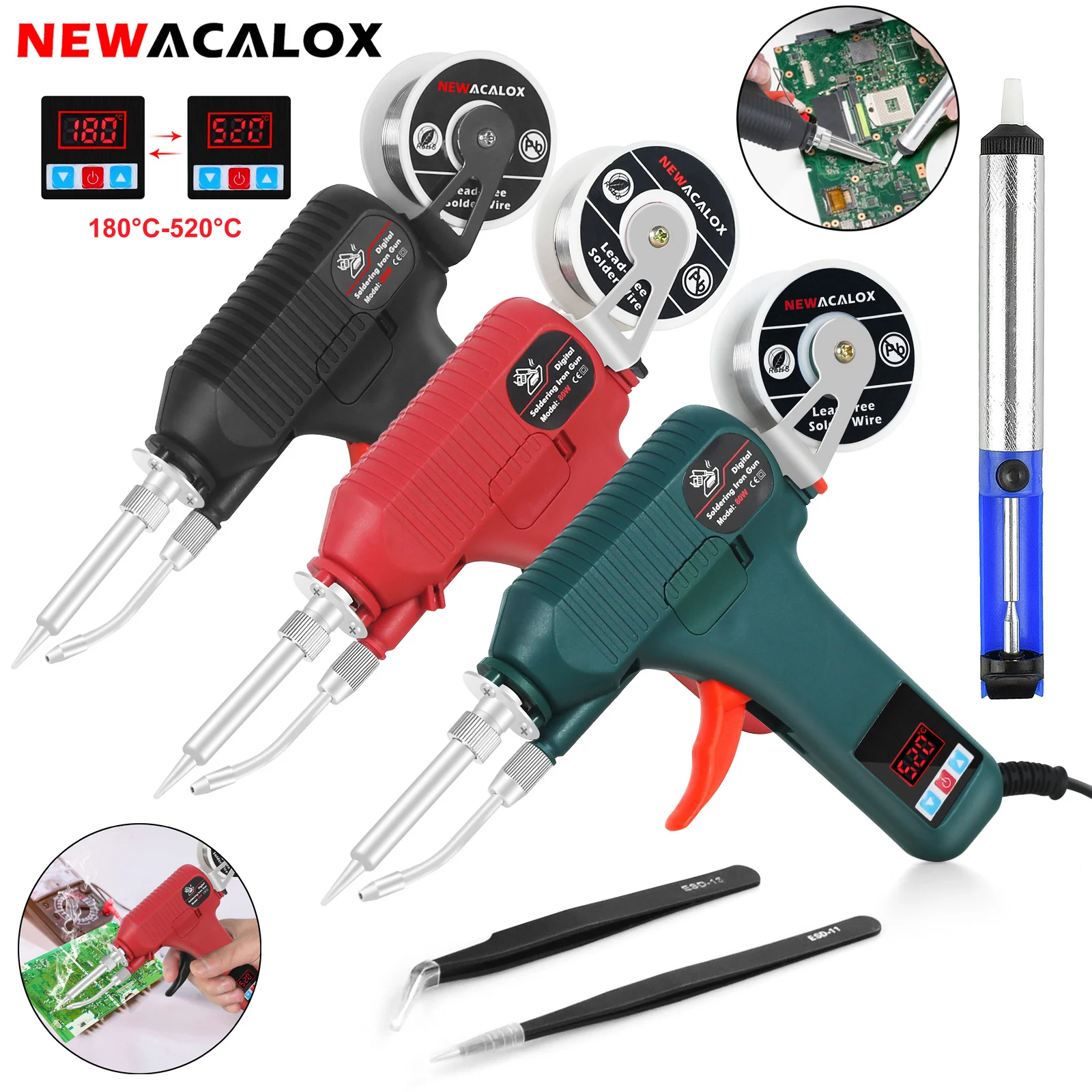 

NEWACALOX 80W Soldering Gun Kit with Digital Display 180-520℃ Temperature Adjust Automatic Welding Send Tin Gun for PCB Repair