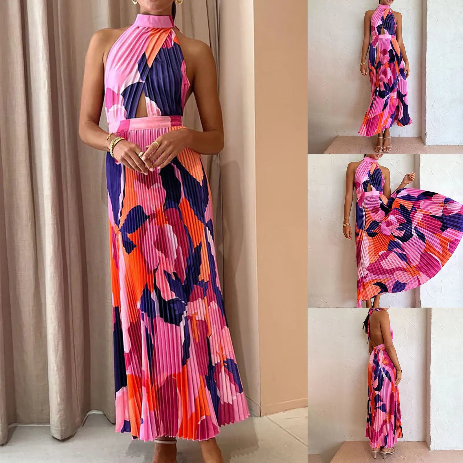 Boho Print Maxi Dresses 2024 Summer Chic Holiday Sleeveless Halter Backless Dress Elegant V-Neck Hollow Pleated Dress Vestidos