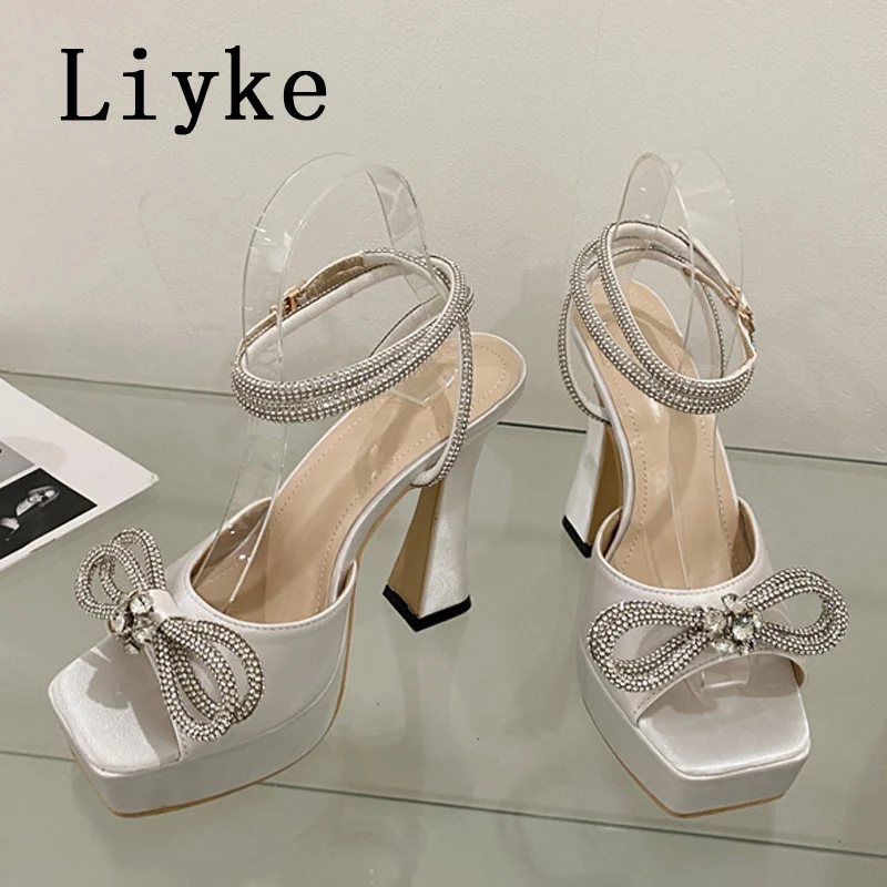 Liyke Super High Sexy Sandals Ladies 2024 Summer Open Toe Crystal Bowknot Platform Heels Party Wedding Shoes Women Black White