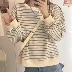 Summer New Loose O-neck College Leisure Female Soft Stylish Korean Style Fit Sweatshirts Women Striped All-match Elegant Spring