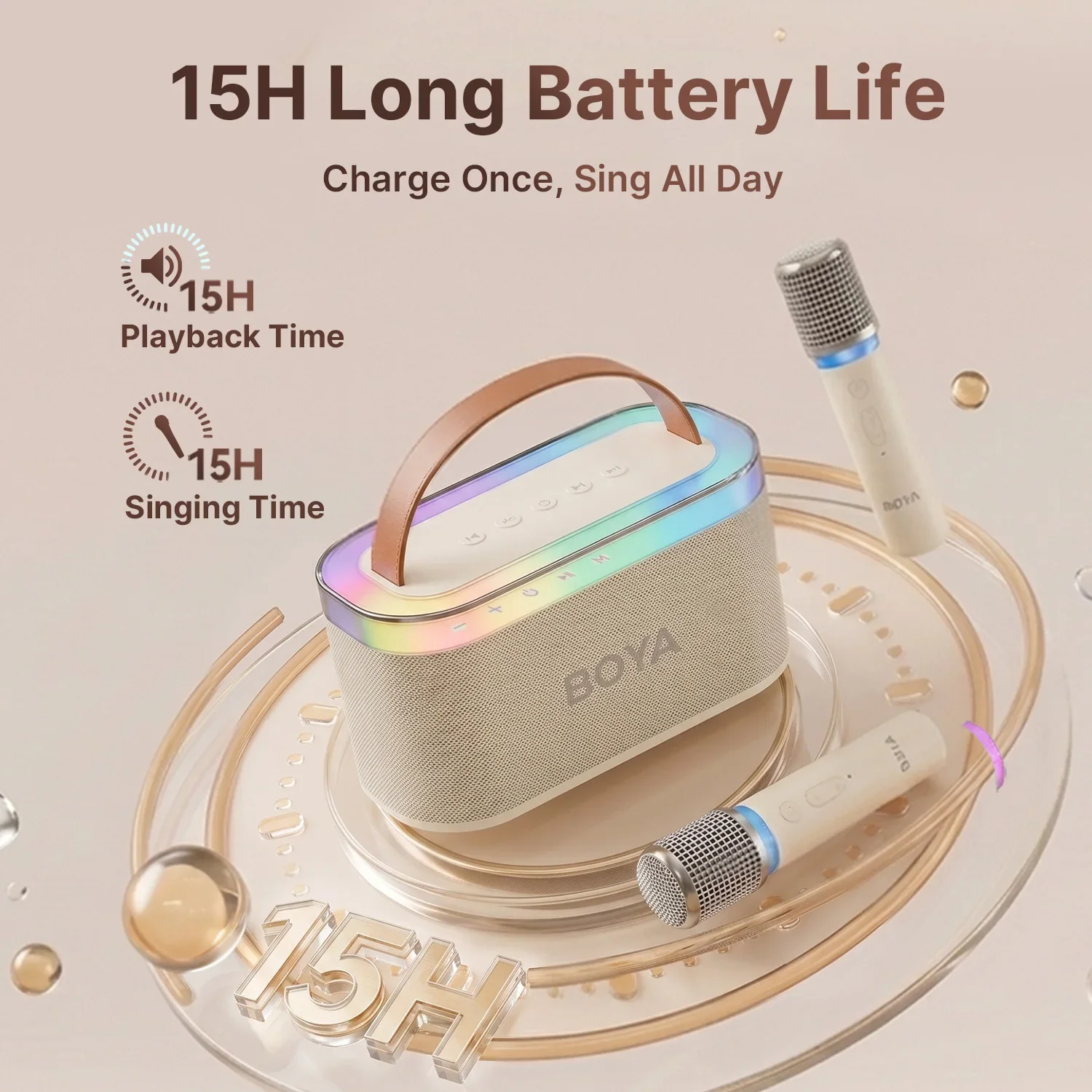 Bezprzewodowa maszyna do karaoke BOYA KM6 z 2 mikrofonami, przenośny głośnik Bluetooth, oświetlenie RGB, mikrofon do śpiewania na imprezy domowe dla dzieci i dorosłych. — zdjęcie produktu 5