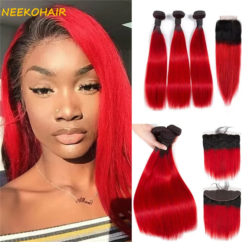 Ombre 1B/Red Colored 3 Bundles With 4x4 Closure Weave Straight Remy 100% Brazilian Human Hair 1B/Red 3 Bundles With 13x4 Frontal