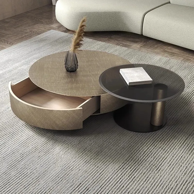 Light Luxury Stainless Steel Size Round Coffee Table Combination Designer Simple Small Apartment Household Living Room Bronze Co