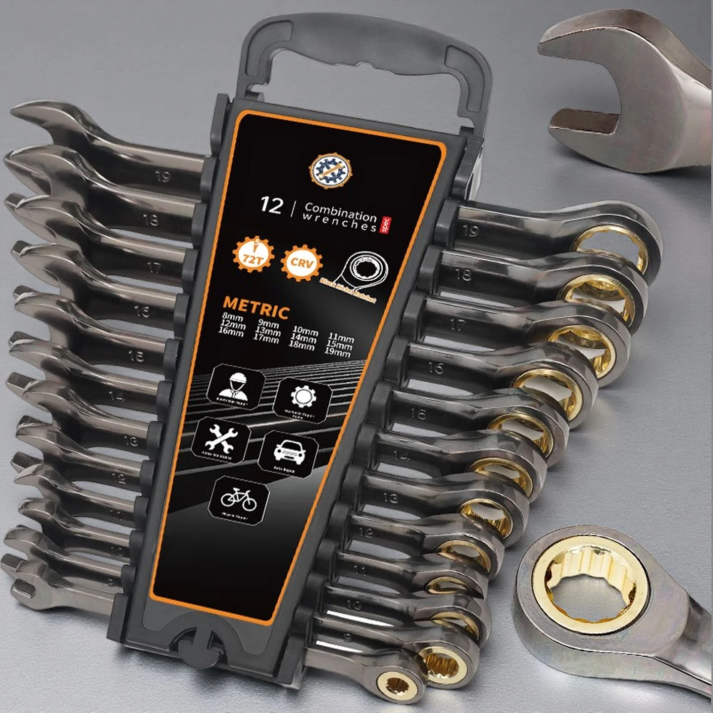 Juego de llaves de trinquete de cabeza fija, material de acero al cromo vanadio de alta calidad, trinquete flexible de 72 dientes, 180 °   Cabezal móvil, cromado resistente a la oxidación, adecuado para reparación de automóviles, reparación del hogar y mantenimiento mecánico.