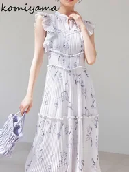 Sweet Ruffles Print Pleated Vestidos Women 2024 Dress Japan Elegant A-line Vestido Summer Flying Sleeve Dresses Tunic Robes