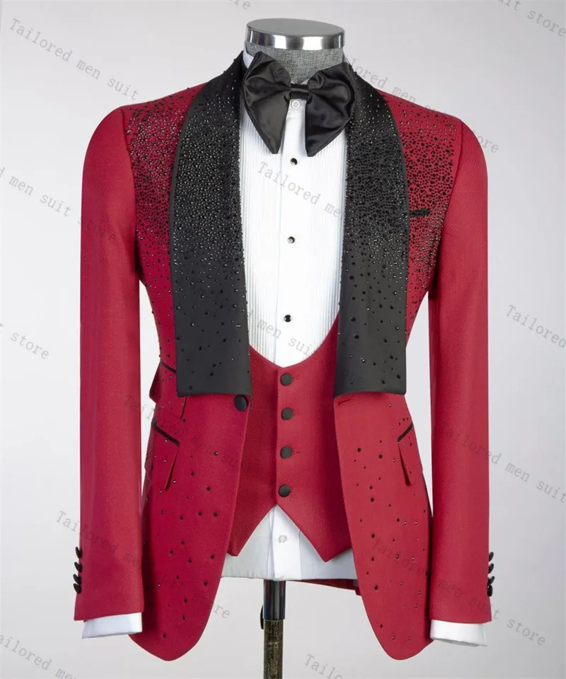 

Red Black Men Suits Set 2 Pieces Blazer+Pants Trousers Beaded Crystals Wedding Tuxedos Jacket Formal Office Cotton Groom Coat