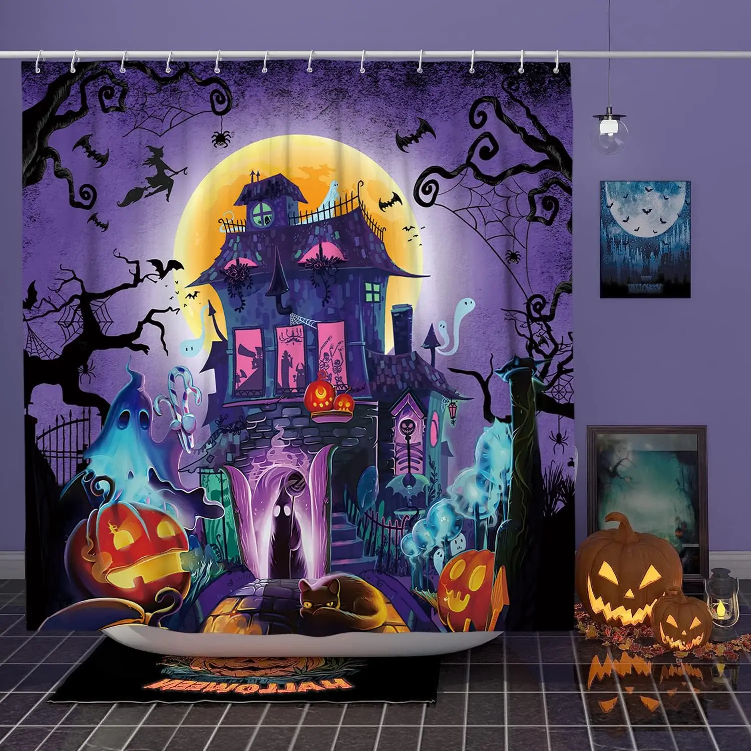 Halloween Shower Curtain Skeleton Spooky Haunted House Horror Black Night Bat Pumpkin Moon Fabric Bathroom Home Decor with Hooks