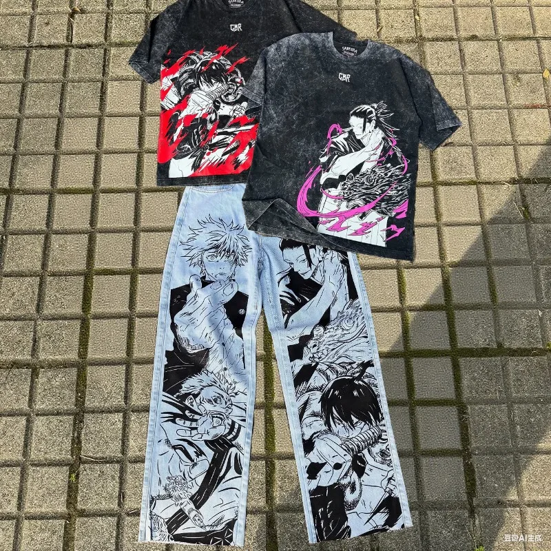 

Y2K men's suit oversized Gothic washed cotton tops with trendy anime graphic printing tee high street hip hop unisex baggy jeans