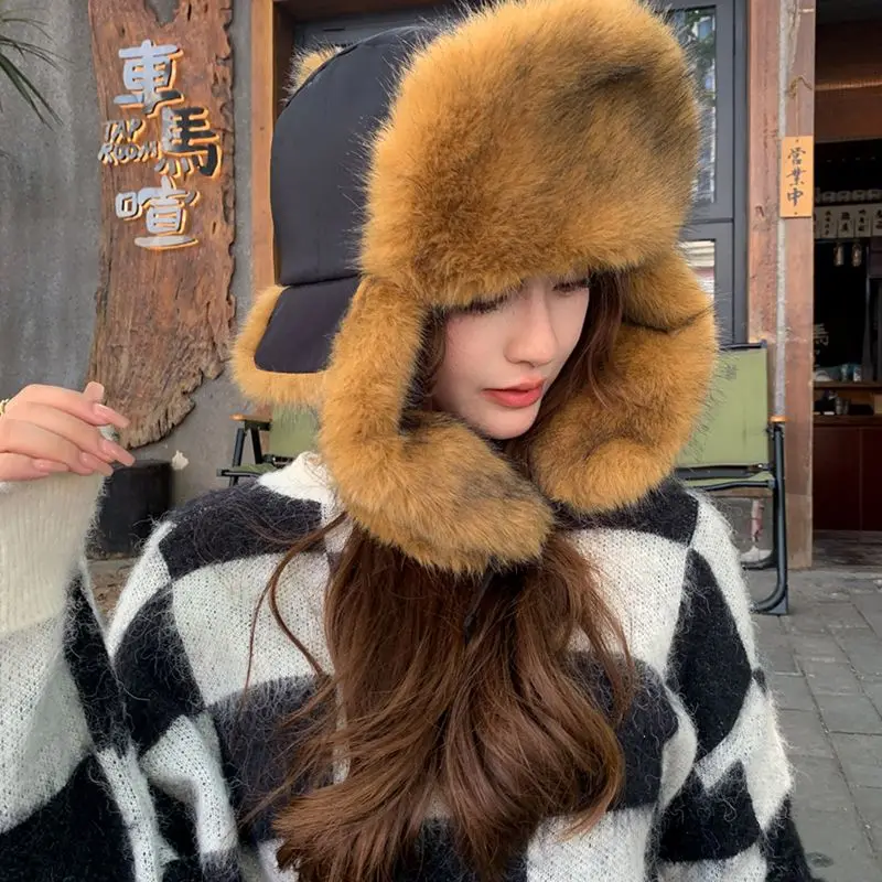 Women's Winter Suede Velvet Thickened Warm Beanie Russian Caps Korean Fashion Ushanka Earflap Pilot Hat Women's Trend Bomber Hat