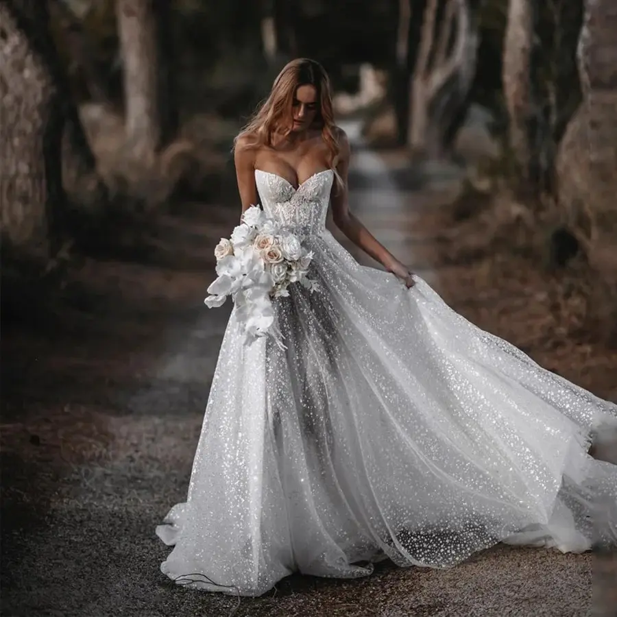 A-Line Bridal Dress with Sweetheart Neckline Breathtakingly Beautiful Sequin Detail Flowing Skirt Wedding Dress Customized