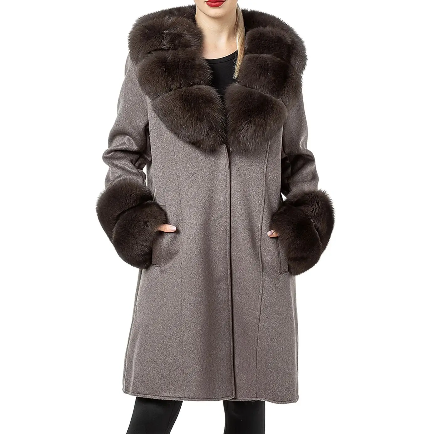 เสื้อโค้ทขนสุนัขจิ้งจอกมีปกสำหรับผู้หญิง สไตล์ยาว ขนแท้ 100% ผ้าขนสัตว์ เสื้อคลุมกันหนาว 210903