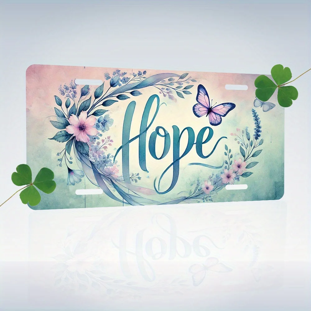 Hope Floral Butterfly Aluminium License Plate Tin Sign 2D Flat Watercolor Flower Art Car Front Plate Home Wall Decor Gift