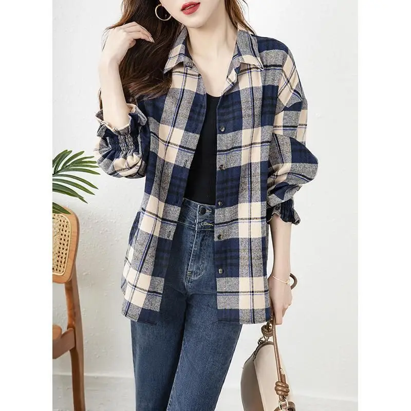 Fashion Lapel Button Long Sleeve Printed Plaid Shirts Women Clothing 2024 Autumn Winter New Loose All-match Tops Casual Blouses