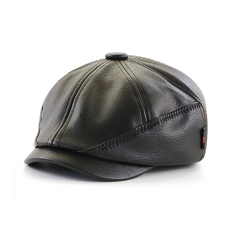 High Quality PU Leather Newsboy Caps Winter Warm Men Solid Casual Retro Beret Hats Octagonal hat Fashion Flat Caps