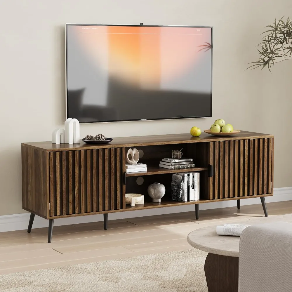 

63" Walnut Fluted TV Stand with 2 Cabinets and Adjustable Shelf, Media Console Fits 30" to 70" TV for Living Room, Mid Century M