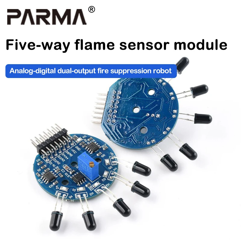 Five-way flame sensor module, dual output of analog and digital, fire-extinguishing robot