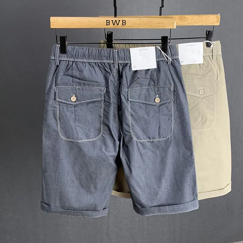 2024 Summer New Casual Vintage Men Thin Trend All-match Loose Solid Color Pocket Large Size Elastic Waist Pure Cotton Shorts