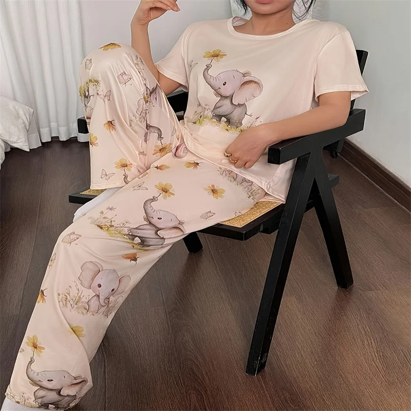 Women's new style small elephant rabbit pattern short sleeve cartoon trousers casual pajamas set