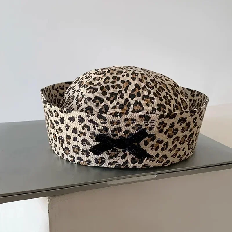 Y2K JK Leopard Bow Sailor Beret – Flip-Brim, Face-Framing, Retro Japanese Yuppie Cap for Women