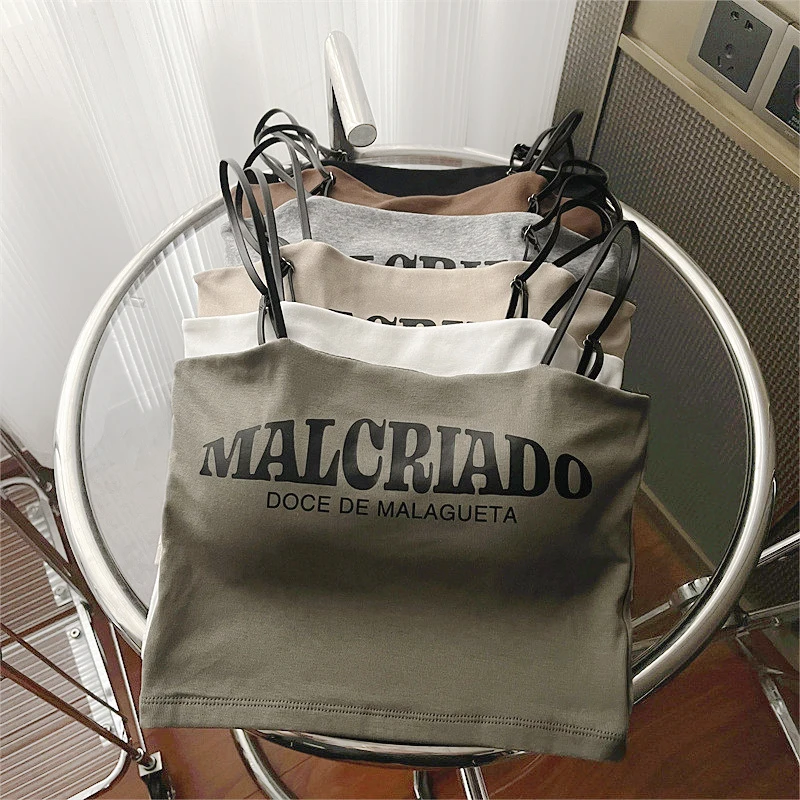 

Женская летняя верхняя одежда, укороченный топ с буквенным принтом, повседневный топ с подушечкой для бюстгальтера, хлопковый топ-труба, эластичный топ с открытыми плечами, шикарные базовые однотонные майки