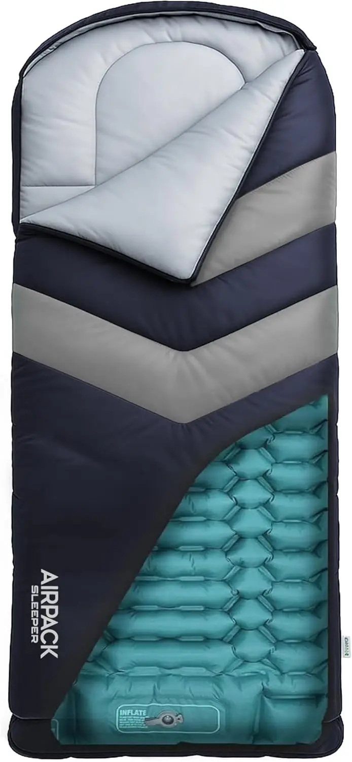 

Kids Sleeping Bag with Built-in Pad, All-in-One Inflatable Mattress for Camping, Travel, Sleepovers (Blue/Gray)