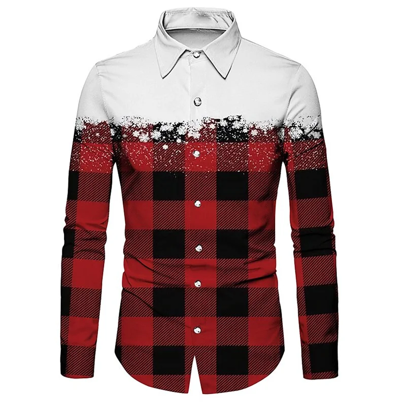 Men's Shirt Plaid Christmas Snowflake 3D Printing Street Casual Long Sleeve Button Lapel Clothing Fashion Design Casual Soft 6XL