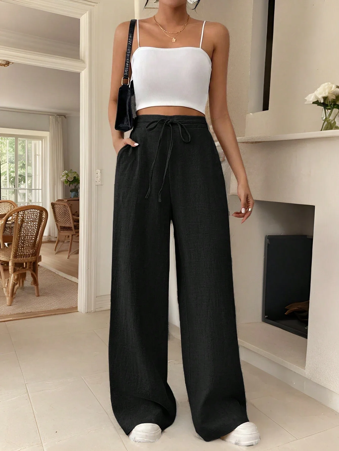 

Женские широкие брюки с завязками на талии, повседневные, свободного кроя, из льняной смеси, однотонные черные