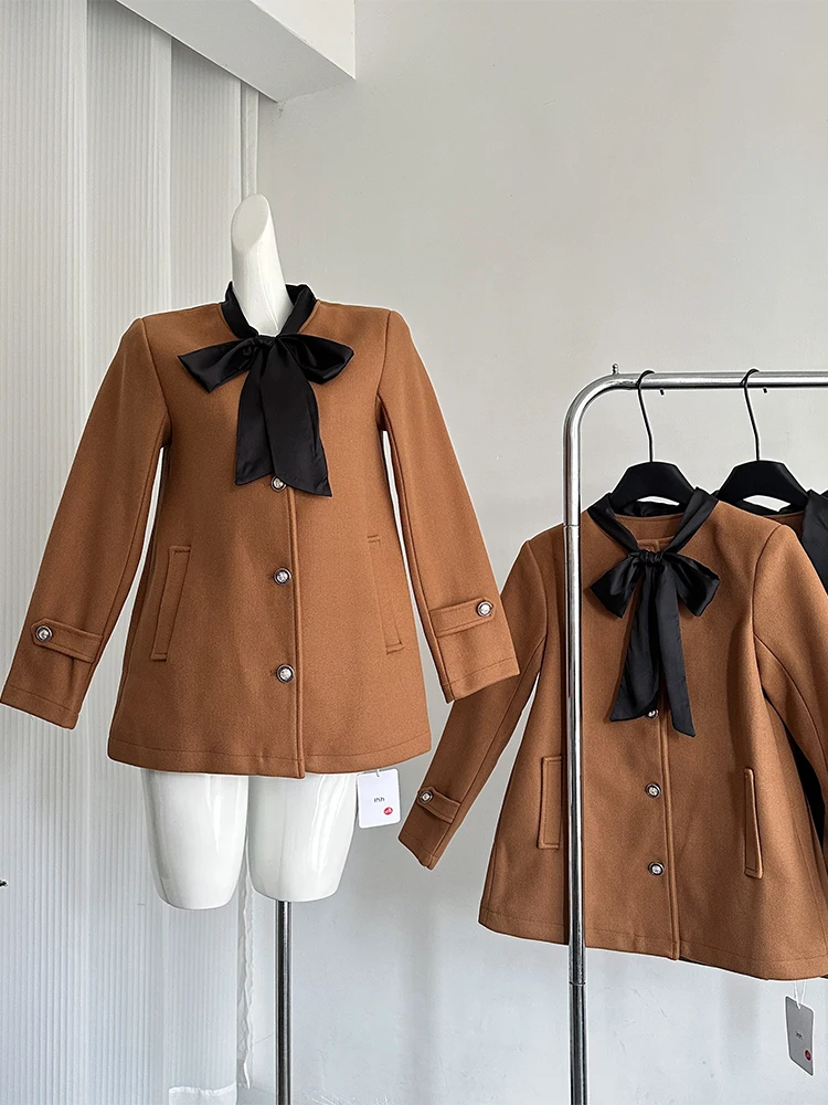 Women's Coffee  Bow Jacket Coat Harajuku Korean Style 2000s 90s Fashion Long Sleeve Jacket Streetwear Vintage Outerwear Top 2024