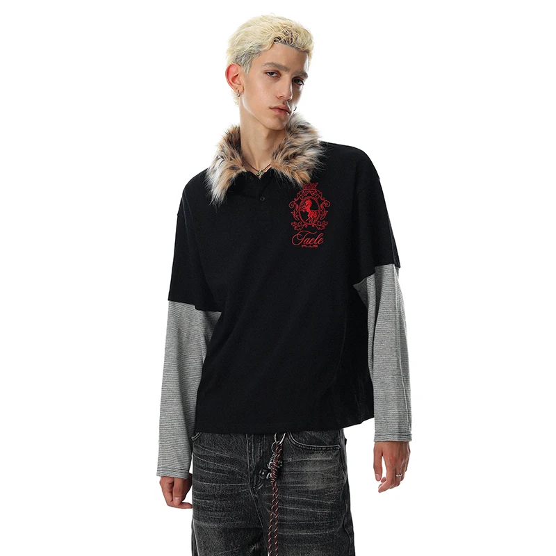 LUZHEN 2026 New Stylish Fake Two Piece Design Fur Neck Decorate Long Sleeve Pullover Tops Men's Handsome Casual T-shirts JY8331
