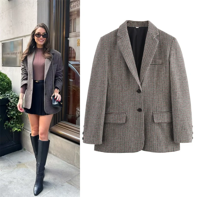 

Women's Jacket New Fall 2025 Houndstooth Long Sleeve Blazer Casual Fashion Commuter Personality