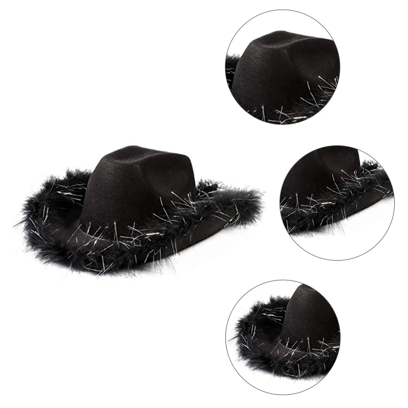 Western Style Cowboy Hat Solid color black white Women Girls Birthday Party Caps with Feather Sequin Decoration Cowgirl Hats