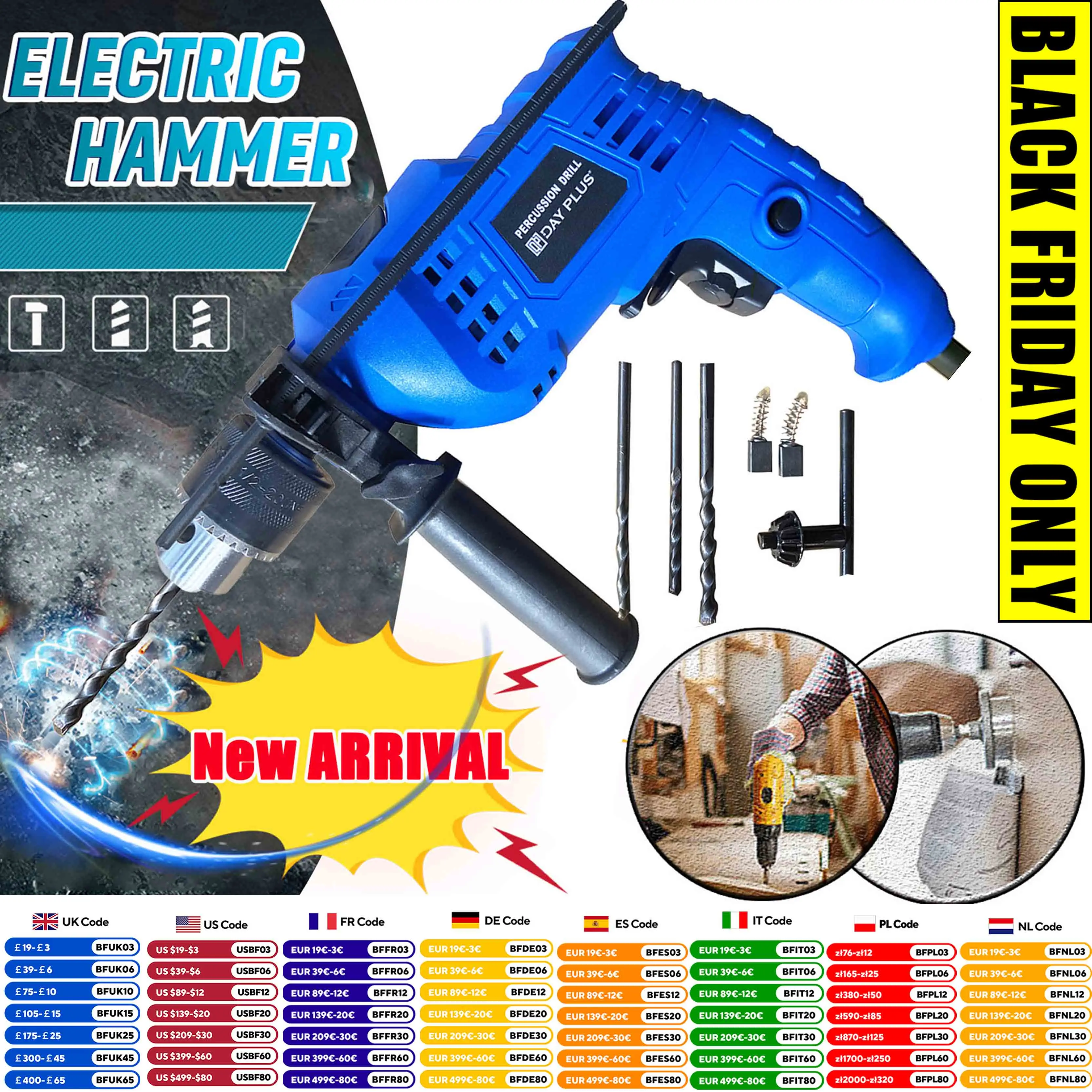 Professional 850W Impact Electric Hammer Drill, 2 in 1 Function Rotary Hammer Drill, Variable Speed for Concrete, Wood, Steel